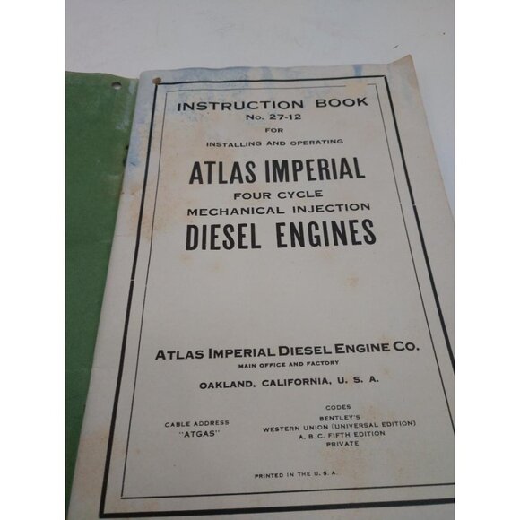 Atlas Imperial Instruction Book No. 27-12 For Four Cycle Mechanical Injection Di - Picture 2 of 5